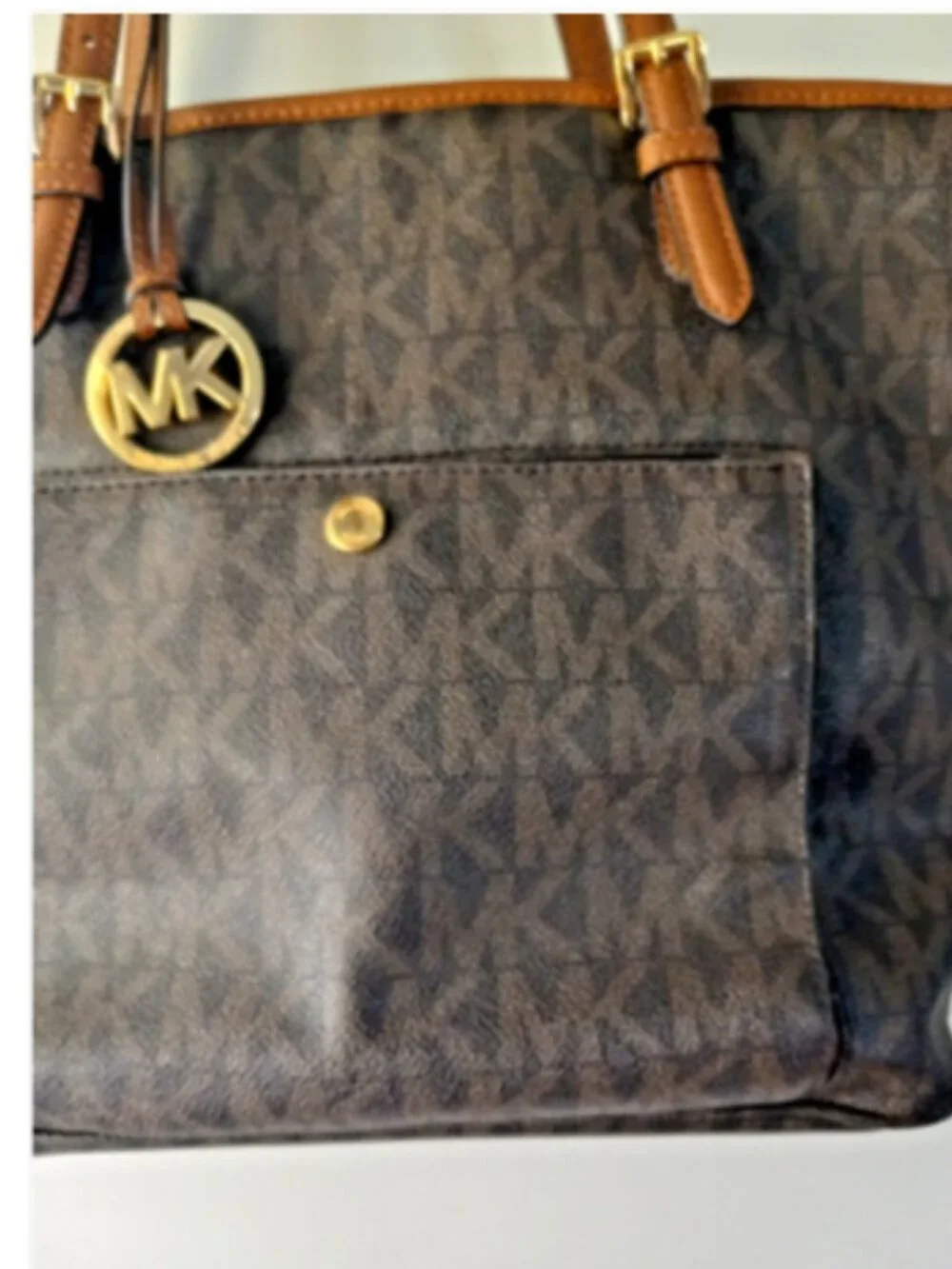 Michael Kors Large Tote Bag Brown MK Signature Logo Gold Charm Zip Top Purse